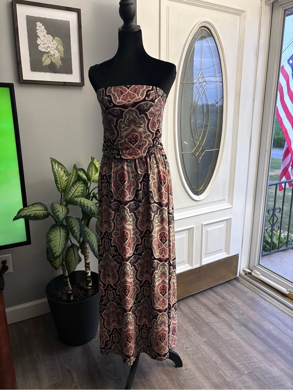 Strapless Paisley Maxi Dress in Rust and Black